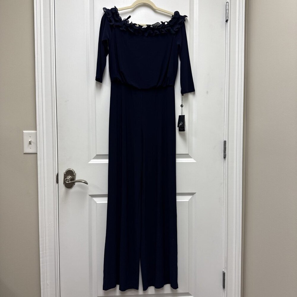 New ADRIANNA PAPELL Size 8 Navy Chiffon Ruffle Wide Leg Off Shoulder Jumpsuit - Picture 3 of 11